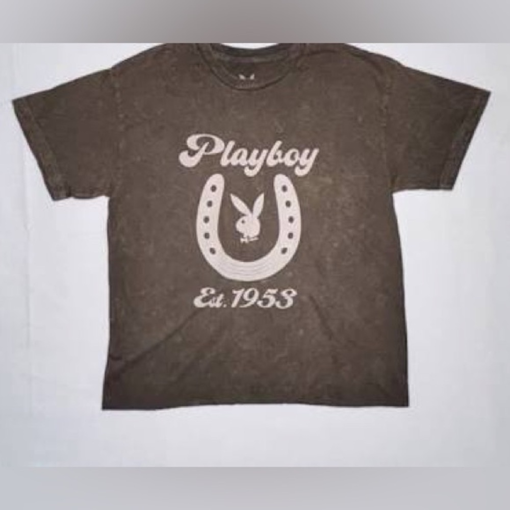 🟫 PLAYBOY Vintage Brown Acid Washed Graphic Short Sleeve T-Shirt Size Large NWOT